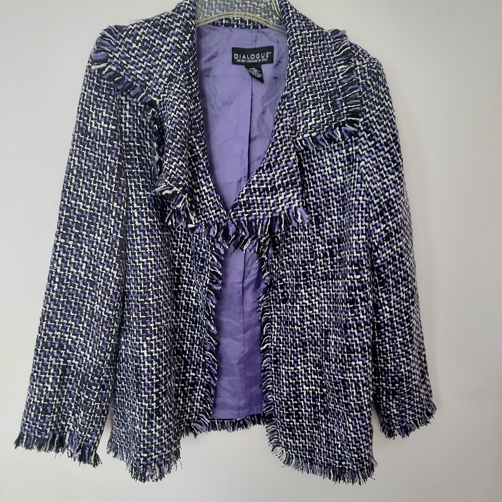 Vintage Dialogue Med Purple Tweed Plaid Fringed Blazer Jacket Boho Career Church